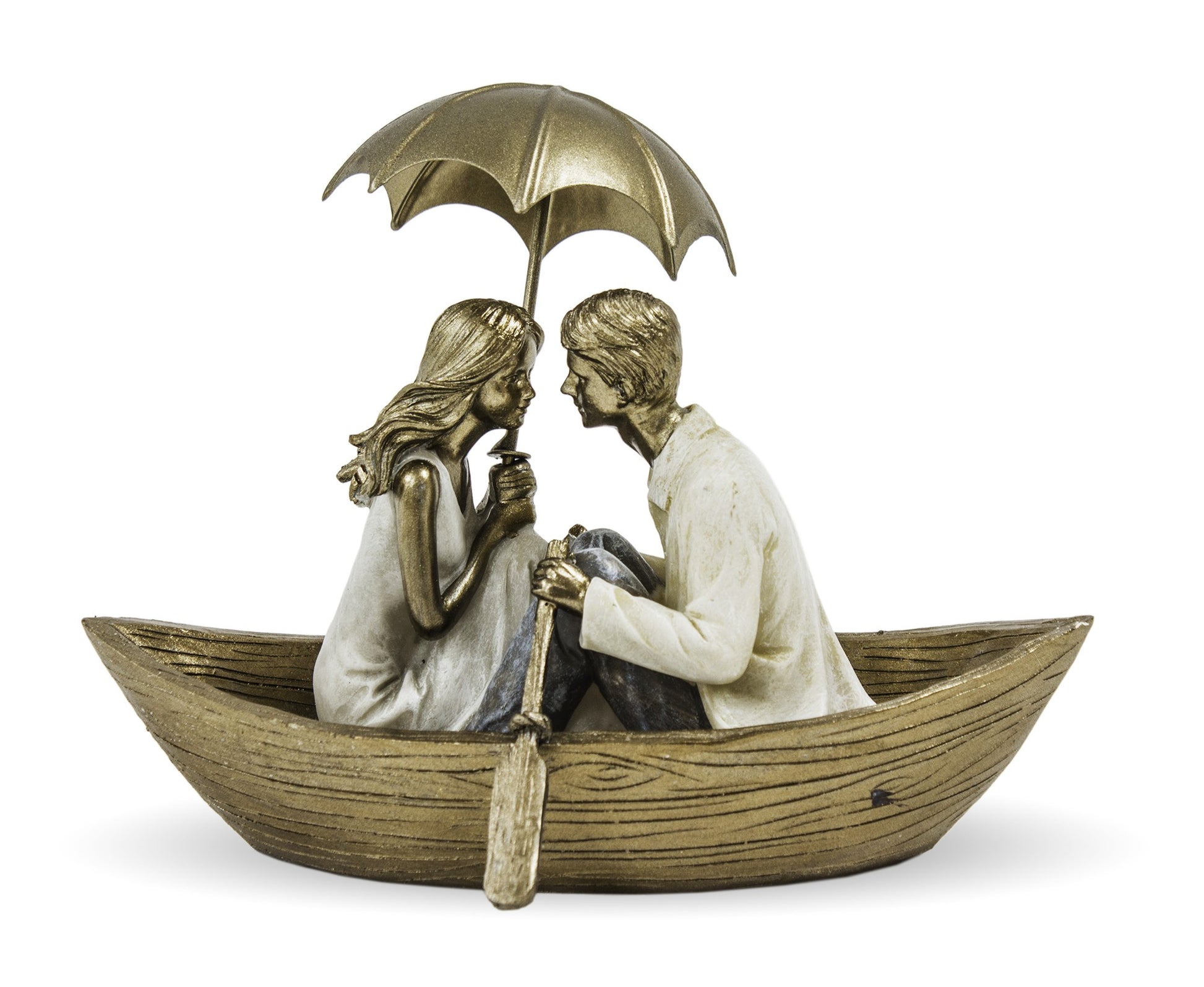 O figură romantică cu un cuplu în barcă, sub o umbrelă, simbolizând iubirea și protecția. Dimensiuni 17x23x15 cm, ideală pentru orice cadou sau decor. Designul său fin adaugă un strop de eleganță.