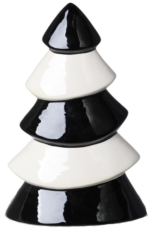 Brad decorativ de Crăciun realizat din ceramică în nuanțe elegante de alb și negru, ideal pentru decoruri moderne și sofisticate de sărbători. Designul său minimalist și contrastul cromatic oferă un aspect premium și contemporan care completează perfect livingul, biroul sau mesele festive. Este ideal pentru persoanele care preferă decorurile elegante și moderne de Crăciun și poate fi oferit cadou pentru familie, colegi sau iubitori de design interior contemporan.