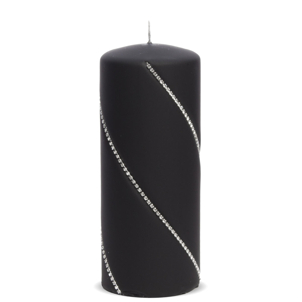 Lumânare decorativă neagră cu design spirală și pietre strălucitoare, ideală pentru decor modern, misterios și elegant. Creează o atmosferă intensă și sofisticată, perfectă pentru seri speciale sau decor premium de interior.