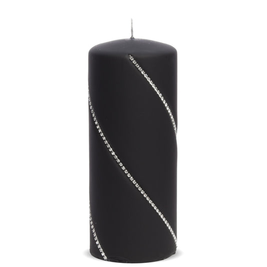 Lumânare decorativă neagră cu design spirală și pietre strălucitoare, ideală pentru decor modern, misterios și elegant. Creează o atmosferă intensă și sofisticată, perfectă pentru seri speciale sau decor premium de interior.