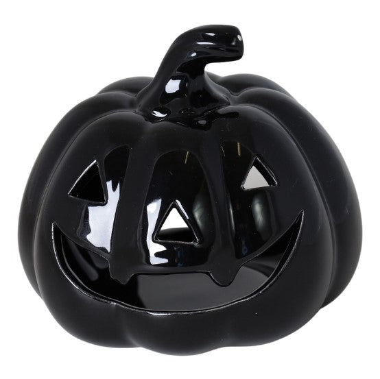 Dovleac ceramică negru cu suport lumânare, dimensiuni 13x13x11 cm, perfect pentru a adăuga un accent tematic și misterios în decorul de Halloween.