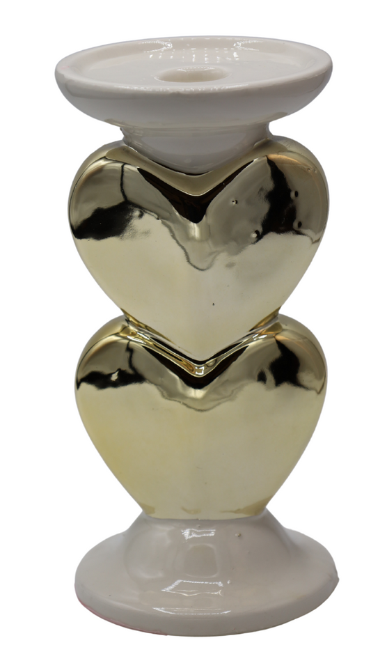 Sfeșnic ceramică 2 inimi aurii 9,6x9,6x19,6 cm, decor sofisticat și cadou simbolic