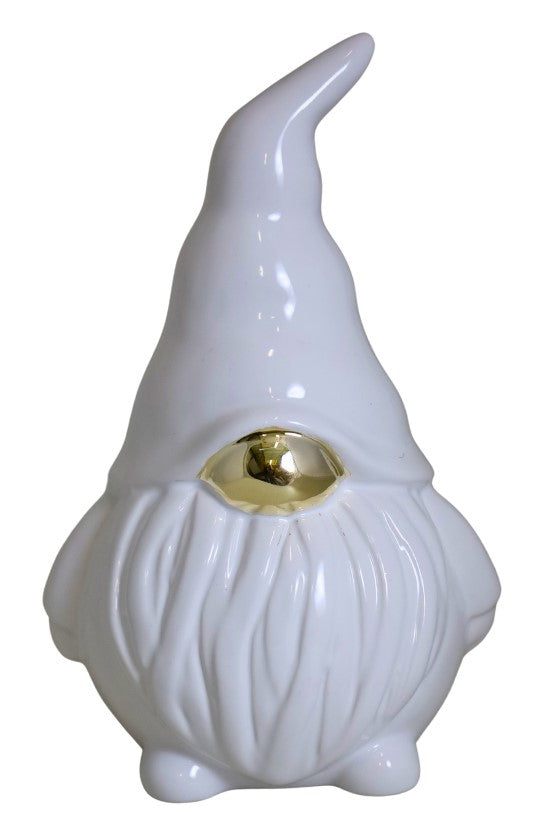 Figurină decorativă gnom realizată din ceramică în nuanțe elegante de alb și auriu, dimensiune mică, perfectă pentru decoruri festive și amenajări moderne. Este ideală pentru rafturi decorative, birou, living sau mese festive și adaugă un accent sofisticat și vesel spațiului interior. Combinația dintre alb și auriu oferă un aspect premium și elegant, potrivit atât pentru decoruri de Crăciun, cât și pentru amenajări contemporane pe tot parcursul anului. Este o alegere excelentă pentru cadouri simbolice