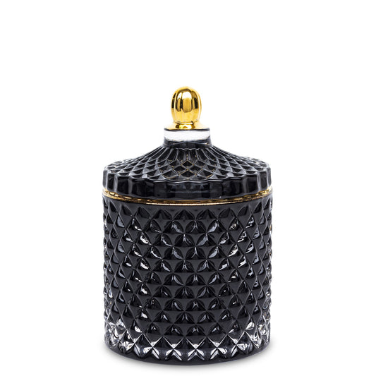 Bombonieră sticlă neagră cu auriu 13x8,5x8,5 cm, cadou elegant și decorativ, mentha - flori, cadouri și decorațiuni