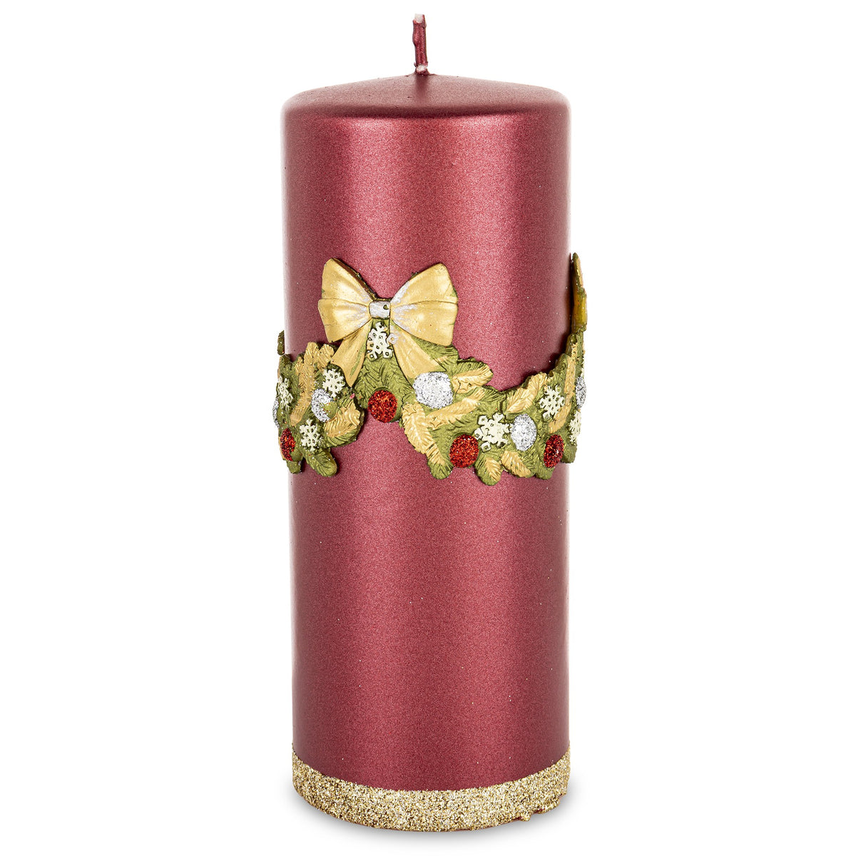 Lumânare de Crăciun roșie mare cu fonte, obiect decorativ pentru decor elegant și mese festive, prezentat ca accent pentru locuință
