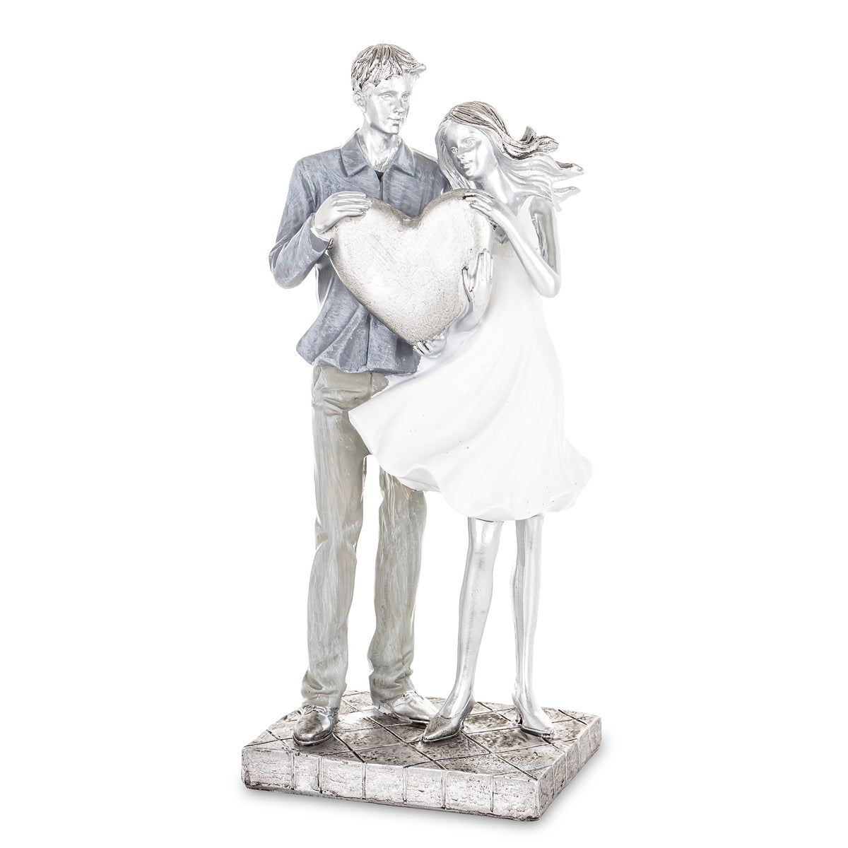 Figurină decorativă cuplu care ține o inimă în brațe, simbol al iubirii profunde, al conexiunii emoționale și al legăturii de cuplu. Este ideală pentru decorul casei, aducând emoție și căldură în living sau dormitor. Perfectă ca dar pentru aniversări, Valentine’s Day, nuntă, cununie civilă sau casă nouă.
