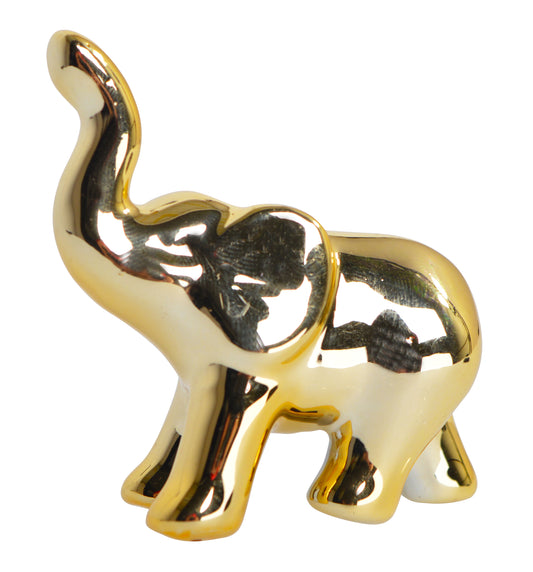 Figurină decorativă elefant realizată din ceramică cu finisaj auriu elegant, simbol al norocului, prosperității și protecției. Este o piesă decorativă rafinată care adaugă stil și personalitate oricărui spațiu interior, fiind ideală pentru living, birou, hol sau bibliotecă. Designul său modern și elegant se integrează perfect în decoruri luxoase sau contemporane și oferă un accent sofisticat încăperii. Este o alegere inspirată pentru cadouri de casă nouă, aniversări sau persoane pasionate de decor premium.