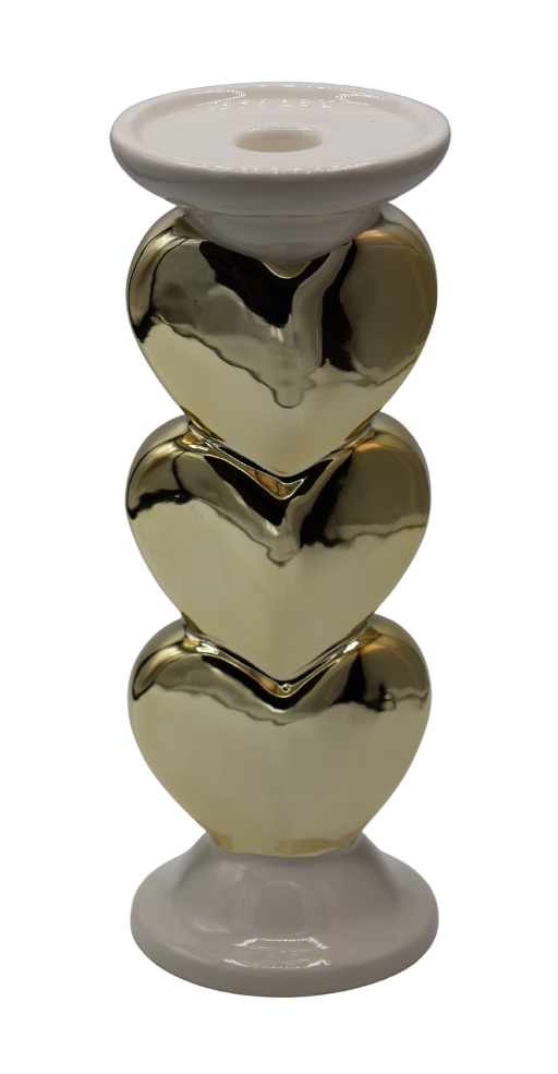 Sfeșnic din ceramică cu 3 inimi aurii 9,7x9,7x25,7 cm, decor romantic și elegant pentru casă și evenimente