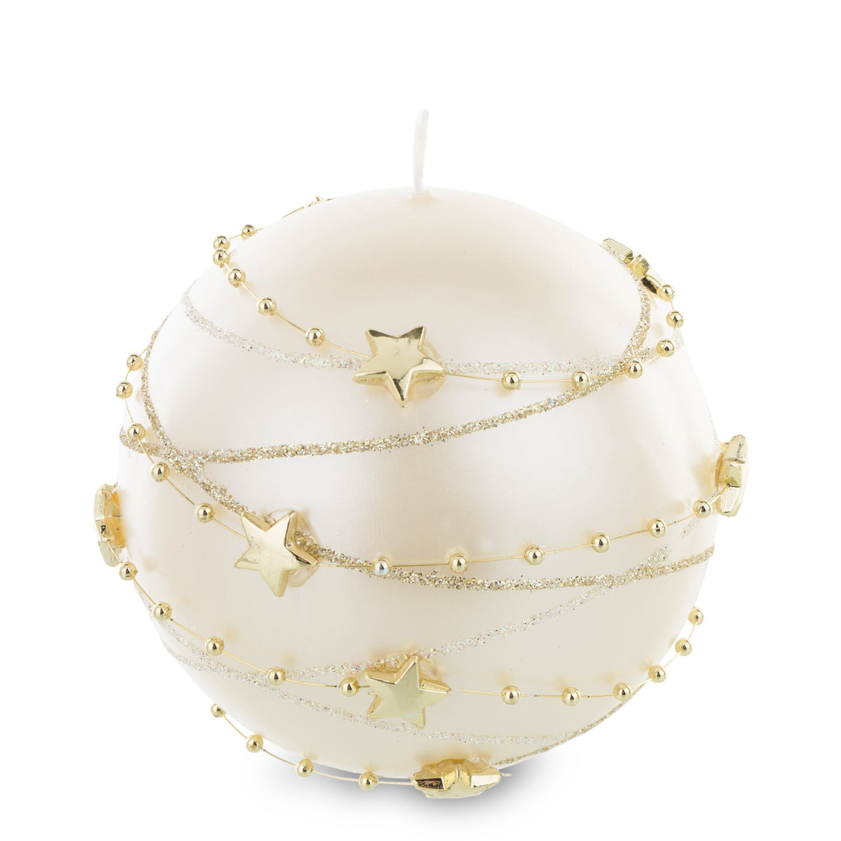 Lumânare rotundă perlată cu stele, obiect decorativ pentru decor elegant și mese festive, prezentat ca accent pentru locuință