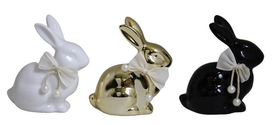 Mini iepuraș auriu ceramică cu fundă 9 cm, ornament pascal elegant și strălucitor.