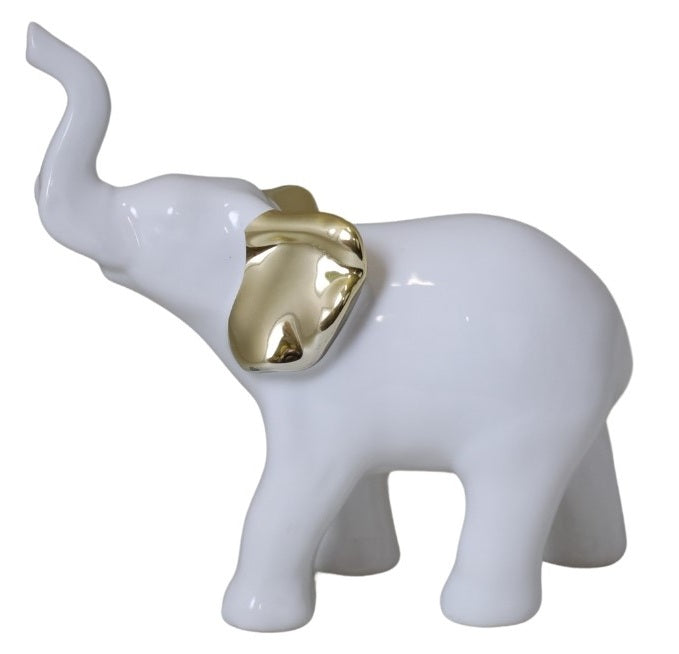 Elefant ceramică alb auriu, 15x6,5x14,5 cm, decor elegant și cadou special.