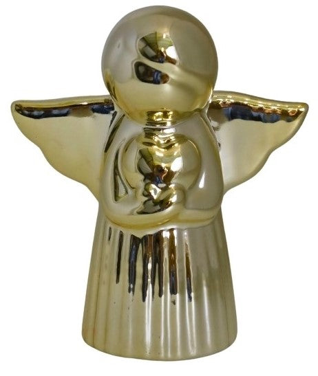 Figurină decorativă înger realizată din ceramică aurie elegantă, simbol al protecției, armoniei și energiei pozitive. Finisajul auriu premium oferă un aspect sofisticat și luminos care completează perfect decorurile moderne, glam sau clasice. Este ideală pentru living, dormitor, birou sau spații spirituale și reprezintă o alegere inspirată pentru cadouri de casă nouă, aniversări, botez, sărbători sau momente speciale în familie.