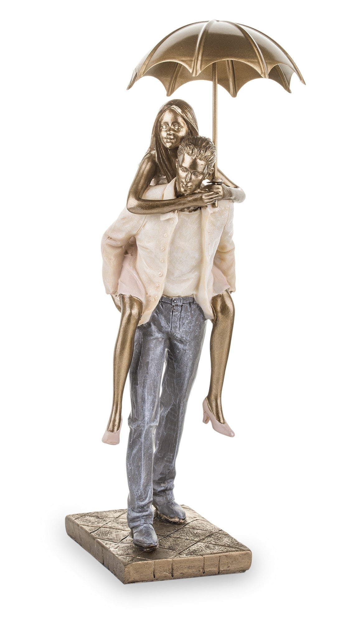 Figurină decorativă cuplu cu umbrelă, simbol al protecției și iubirii în doi. Este ideală pentru decor romantic în casă, aducând emoție și poveste în orice spațiu. Perfectă ca dar pentru aniversări, nuntă, cununie civilă sau casă nouă.