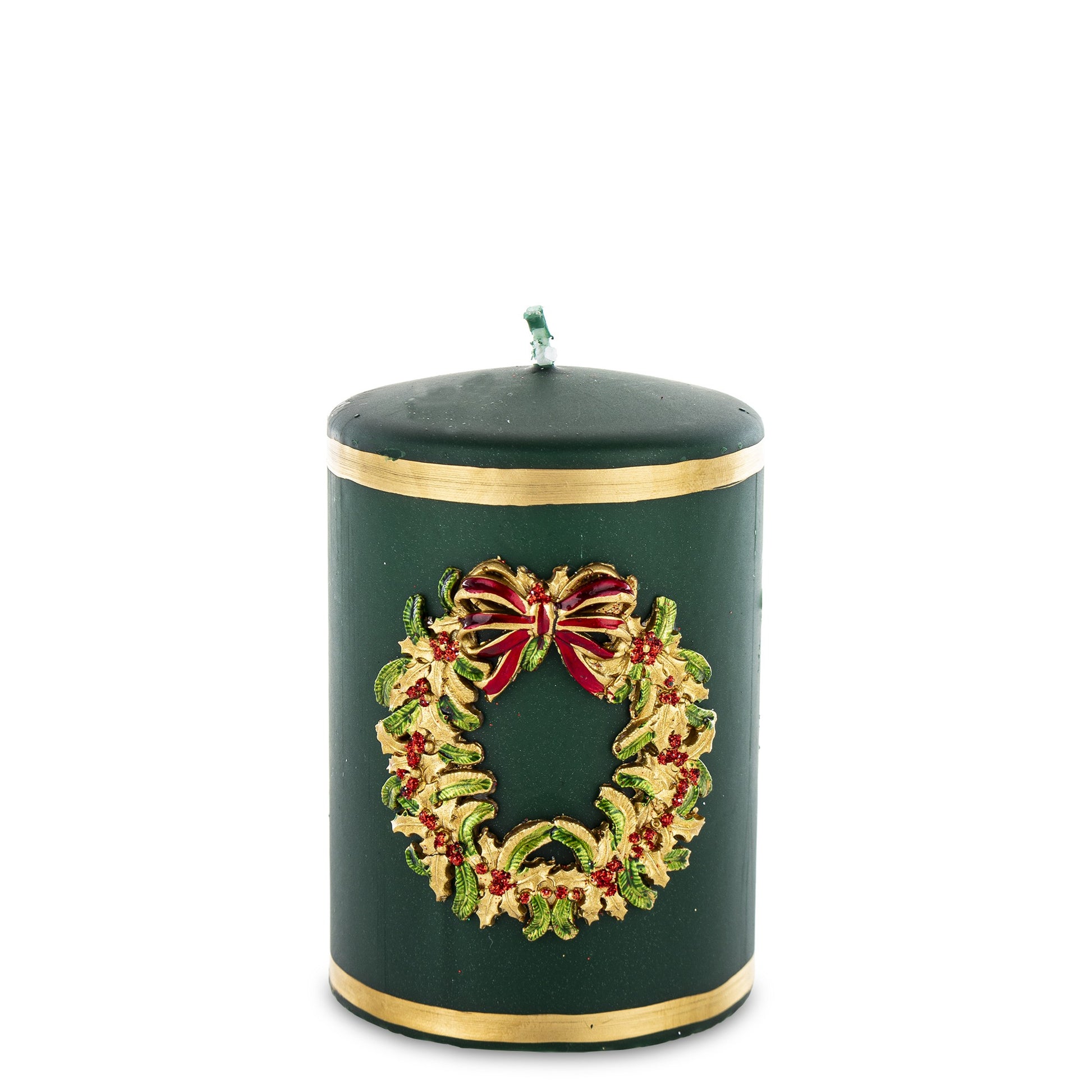 Lumânare Crăciun verde mică cunună 10x7x7 cm, accesoriu decorativ de Crăciun.