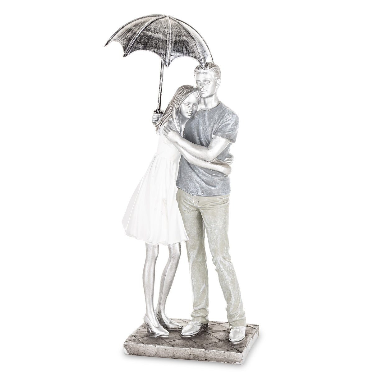 Figurină decorativă cuplu sub umbrelă, simbol al protecției, iubirii și momentelor împărtășite. Este ideală pentru decor romantic în casă, dormitor sau living. O alegere perfectă ca dar pentru aniversări, nuntă, Valentine’s Day sau casă nouă.