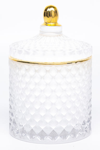 Bombonieră sticlă albă cu auriu 13x8,5x8,5 cm