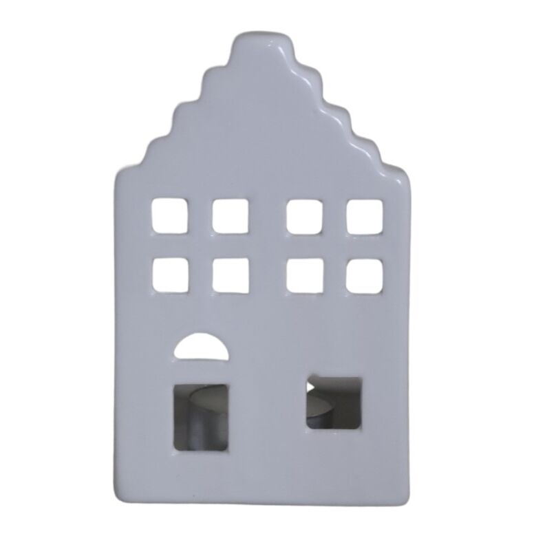 Suport lumânare ceramică clădire albă 7,5x5,5x12 cm, decor clasic pentru Crăciun.