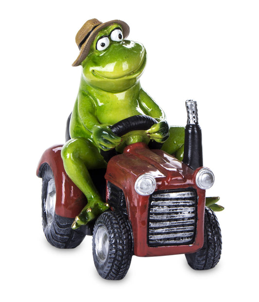 Figurină broască pe tractor rășină 15 cm, ornament decorativ amuzant și jucăuș pentru casă sau birou.
