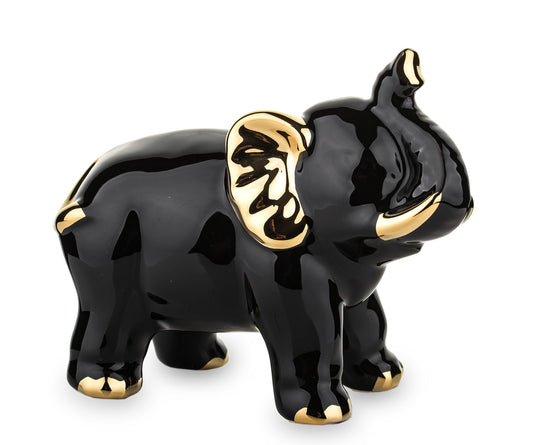 Figurină elefant negru auriu, 12x15x7 cm, decor elegant și cadou special.