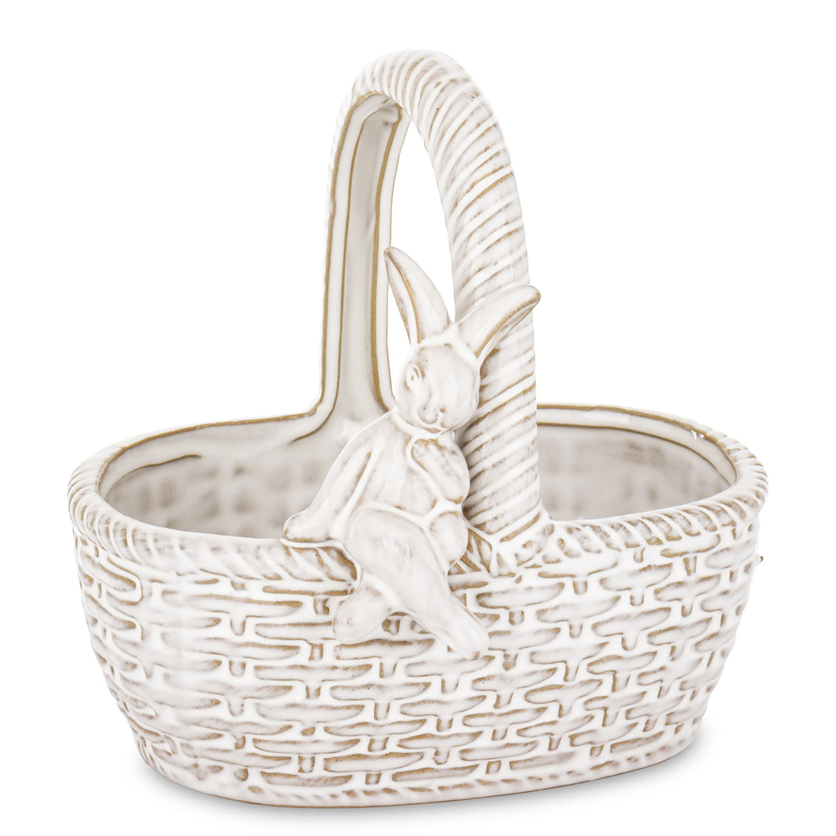 Coș decorativ din ceramică cu design iepuraș, ideal pentru Paște, primăvară sau decor vesel de interior. Este perfect pentru ouă decorative, flori sau mici aranjamente. Adaugă un aer cald și festiv în orice spațiu.