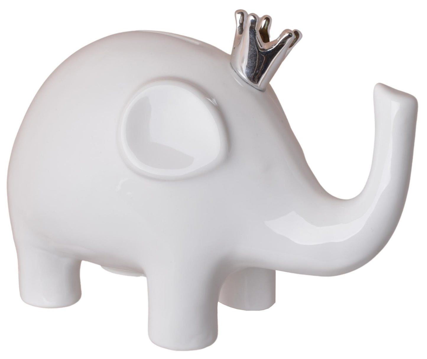 Pușculiță elefant alb cu coroniță argintie, dimensiuni 16x8x12 cm, ideală pentru cadouri și decoruri elegante.