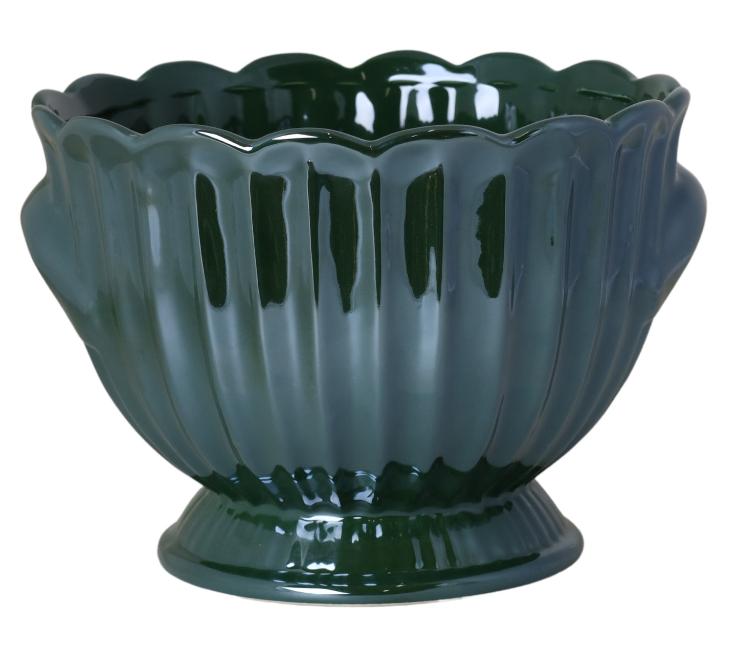 Ghiveci suport ceramică verde, ideal pentru a pune în valoare plantele de interior. Dimensiuni: 19x19x13 cm.