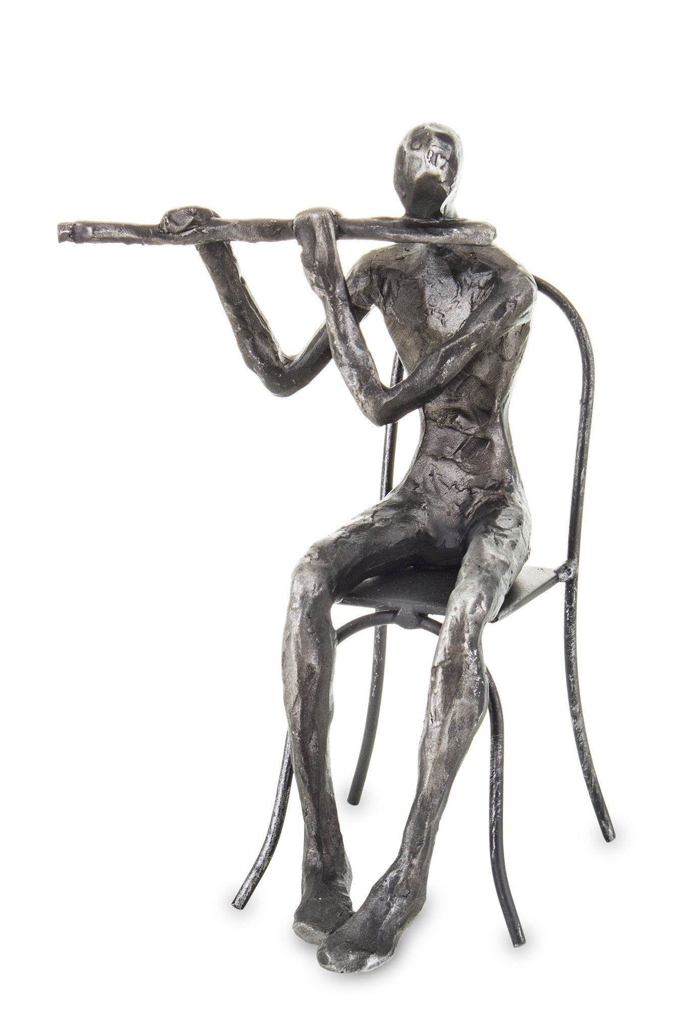 Figurină muzician flaut din metal și rășină, dimensiuni 20x14x13 cm, perfectă pentru cadouri și decoruri muzicale.