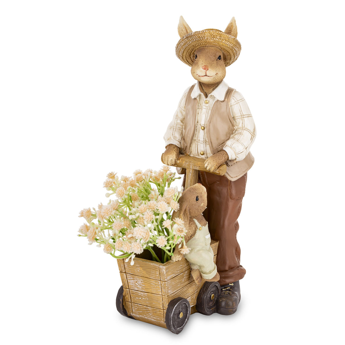 Figurină decorativă tata iepuraș cu coș de flori, simbol al familiei, grijii și sărbătorilor de Paște. Este ideală pentru decorul casei în sezonul de primăvară și aduce un aer cald și festiv. Perfectă ca dar pentru familie sau copii.