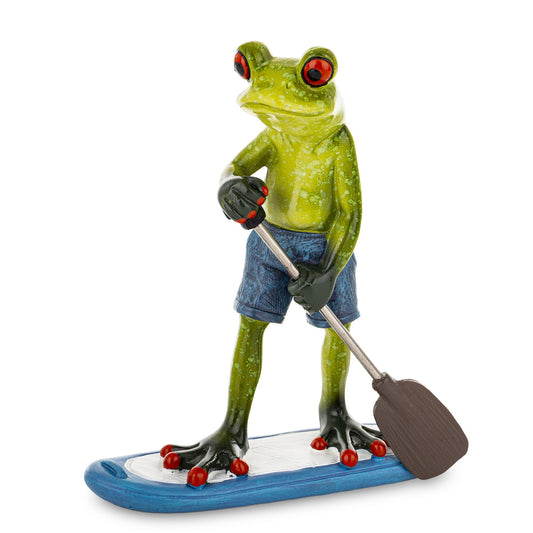 Figurină broască paddle board din rășină, ornament decorativ vesel, cadou tematic pentru pasionați de sporturi nautice
