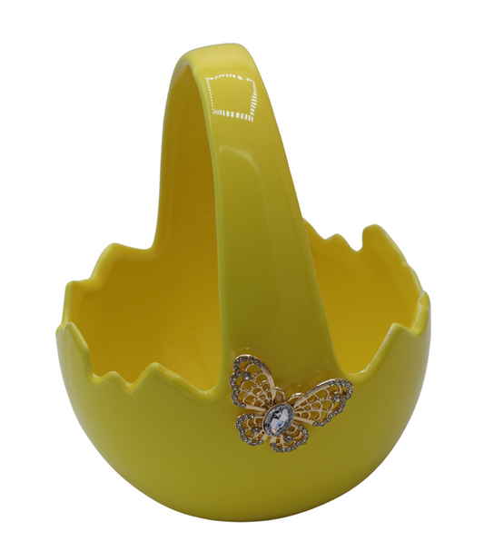 Coș ceramic ou galben cu fluture, 12,5x12,5x15cm, ornament decorativ festiv.