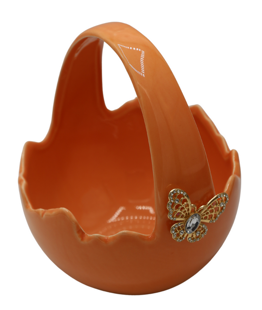 Coș ceramic ou portocaliu cu fluture mare, 15x15x18cm, ornament vesel și festiv.
