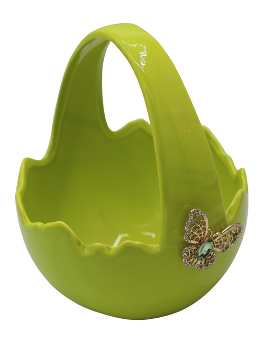 Coș ceramic ou verde mare cu fluture, 15x15x18cm, ornament de Paște și primăvară.
