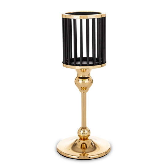 Sfeșnic auriu cu detalii negre, 25,5x10x10 cm, metal și sticlă, decor elegant și cadou sofisticat pentru orice cameră