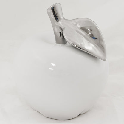 Măr ceramic alb cu coadă argintie 11,5x10x10 cm