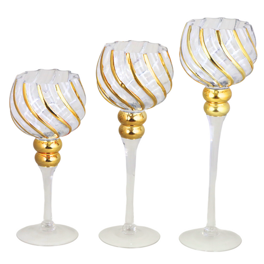 Sfeșnic cupă sticlă auriu mijlociu 40 cm, ornament decorativ luxos pentru casă.