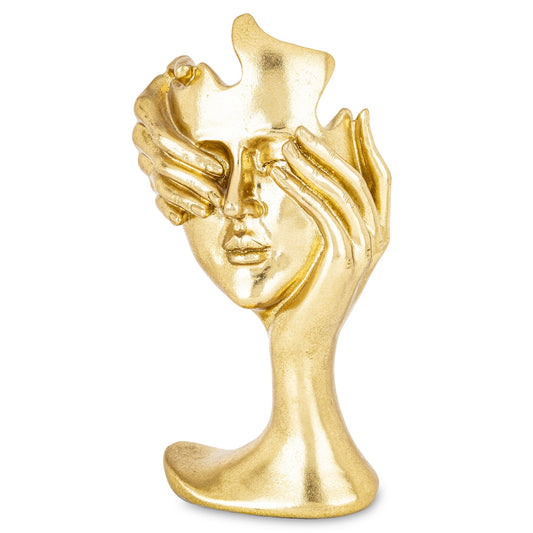 Mască decorativă aurie antichizată, piesă artistică statement care adaugă mister, eleganță și stil exotic interiorului. Este ideală pentru living, hol sau spații moderne cu accent artistic. Perfectă ca decor sau cadou pentru colecționari.