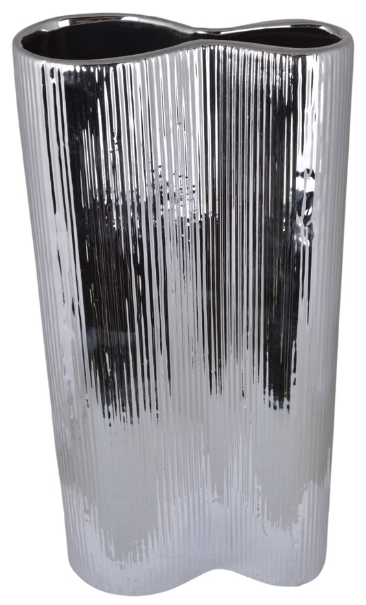 Vază ceramică argintie 15x6x33 cm, decor modern pentru flori și cadou elegant
