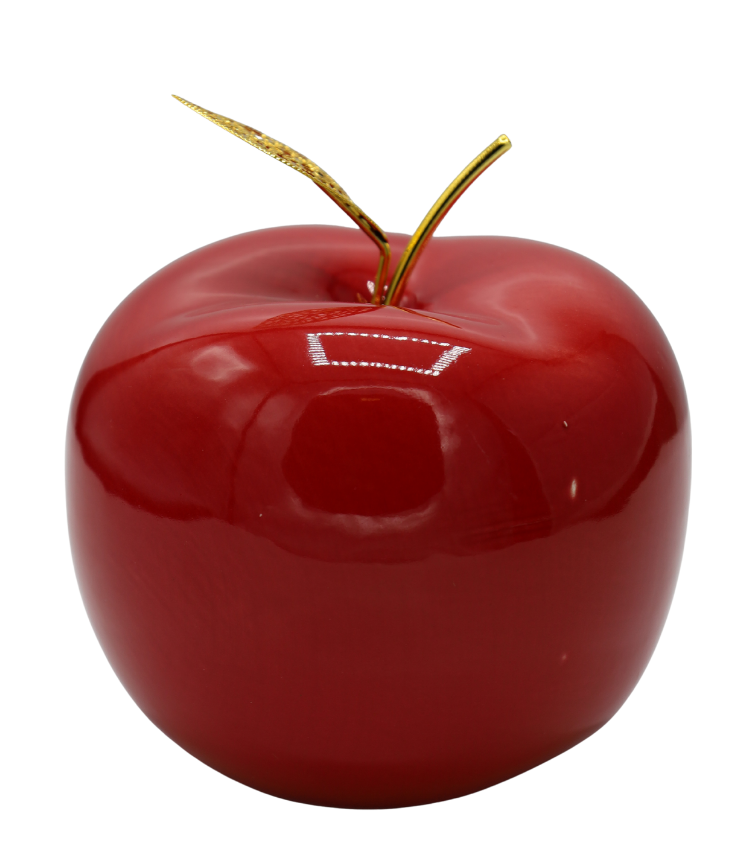 Măr decorativ realizat din ceramică roșie cu codiță metalizată aurie, ideal pentru decoruri elegante și moderne. Contrastul dintre nuanța intensă de roșu și detaliul auriu oferă un aspect sofisticat și transformă această piesă într-un accent decorativ perfect pentru living, dining, birou sau vitrine decorative. Simbol al prosperității și armoniei, acest obiect decorativ este o alegere inspirată pentru cadouri de casă nouă, aniversări sau ocazii speciale.