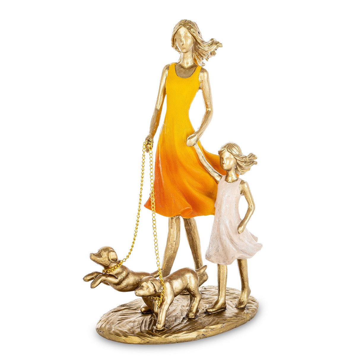 Figurină decorativă mama și fiica cu cățel la plimbare, simbol al familiei, iubirii și momentelor simple dar prețioase. Este ideală pentru decorul casei și aduce emoție și căldură în orice spațiu. Perfectă ca dar pentru familie sau cadouri emoționale.