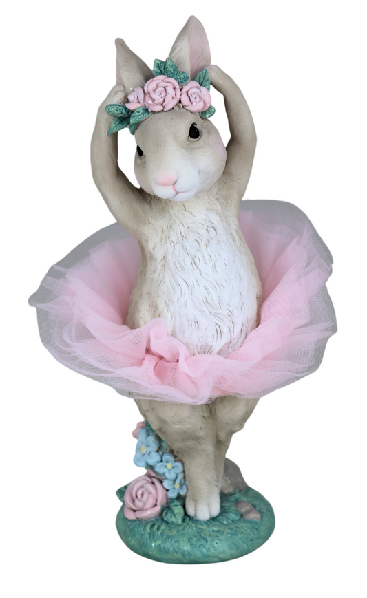 Figurină iepure cu flori rășină, ornament Paște elegant