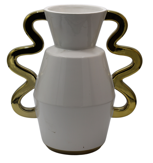 Vază ceramică masivă alb aurie 26x16x27,5 cm, decor de lux pentru living, sufragerie sau birou, ideală pentru flori și cadouri elegante
