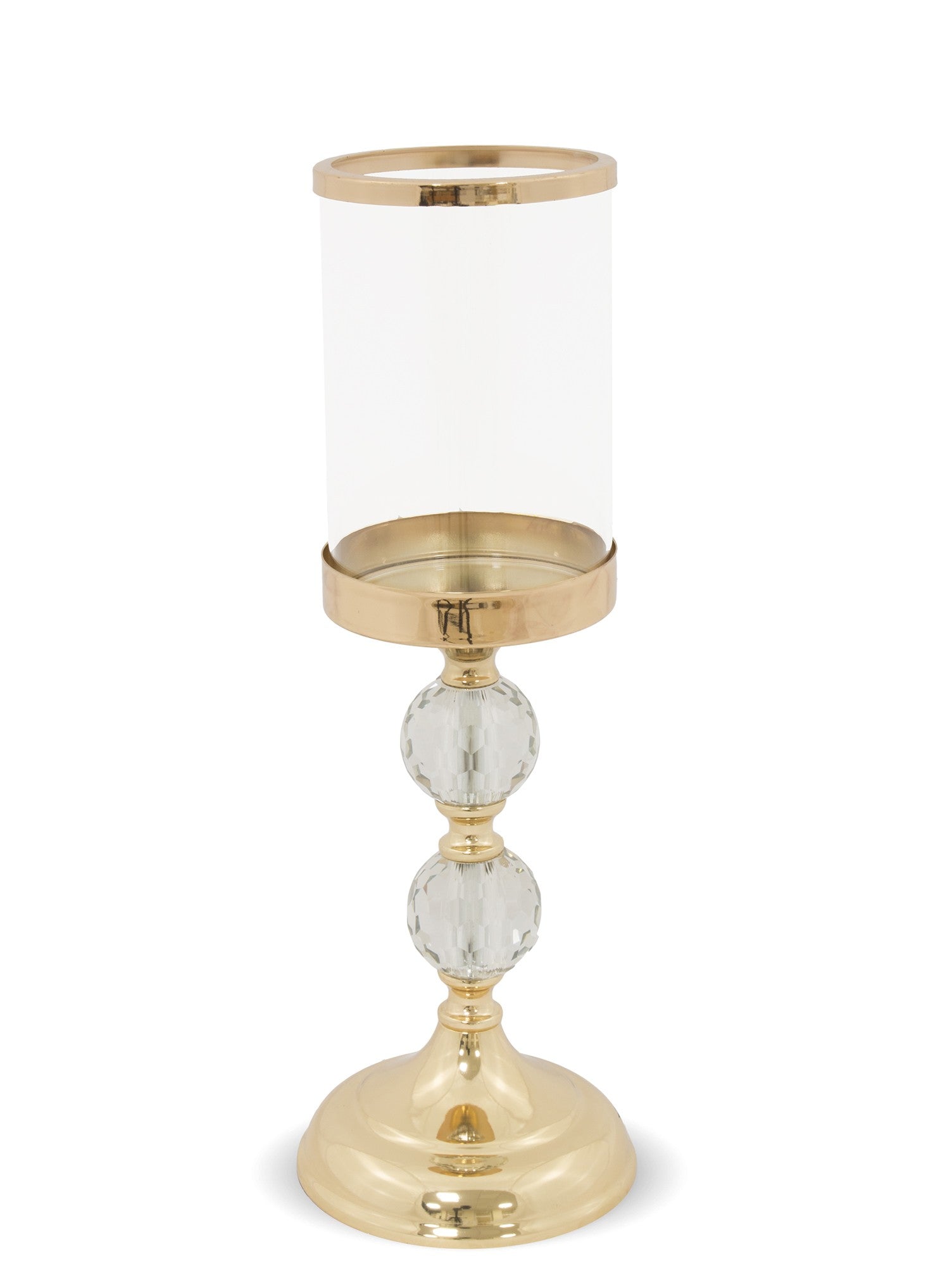 Sfeșnic auriu cu 2 bile din cristal, 34,5x12,5x10,5 cm, decor elegant și cadou sofisticat