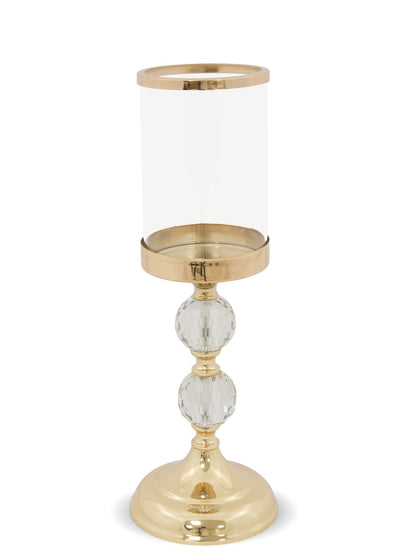 Sfeșnic auriu cu 2 bile din cristal, 34,5x12,5x10,5 cm, decor elegant și cadou sofisticat
