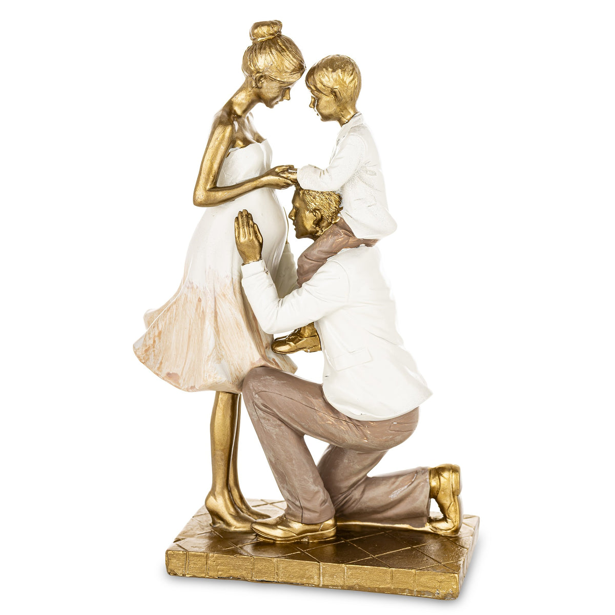 Figurină decorativă familie cu băiat și mamă însărcinată, simbol al iubirii, familiei și așteptării unui nou început. Este ideală pentru decor emoțional în casă și aduce căldură și sensibilitate. Perfectă ca dar pentru familii, baby shower sau cadou special.