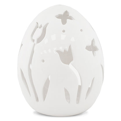Ou decorativ din ceramică albă cu flori, ideal pentru Paște și decor de primăvară. Este o piesă delicată și elegantă, perfectă pentru mese festive sau vitrine decorative. Adaugă un aer proaspăt și rafinat în orice spațiu.