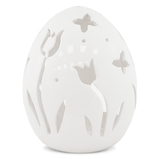 Ou decorativ din ceramică albă cu flori, ideal pentru Paște și decor de primăvară. Este o piesă delicată și elegantă, perfectă pentru mese festive sau vitrine decorative. Adaugă un aer proaspăt și rafinat în orice spațiu.