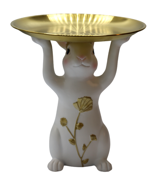 Figurină iepure decorativ cu tavă din alamă, ornament interior și cadou de Paște
