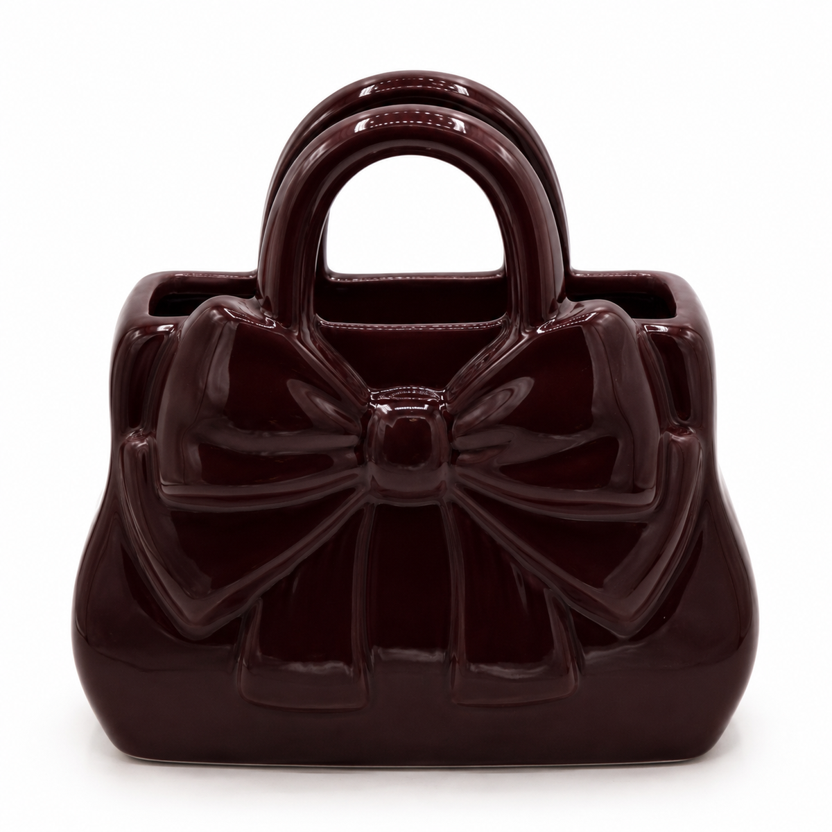 Vază ceramică poșetă burgundy, obiect decorativ pentru flori și amenajări interioare, prezentat ca accent pentru locuință