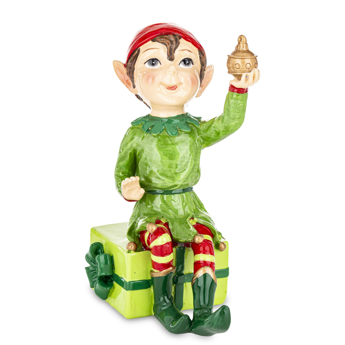 Figurină spiriduș de Crăciun cu cadouri, obiect decorativ pentru decorul casei și cadouri, prezentat ca accent pentru locuință