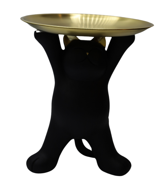Figurină pisică decorativă cu tavă din alamă, ornament interior și cadou pentru iubitorii de pisici